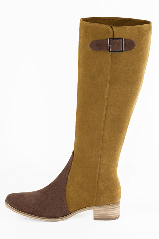 Chocolate brown and mustard yellow women's knee-high boots with buckles. Round toe. Low leather soles. Made to measure. Profile view - Florence KOOIJMAN